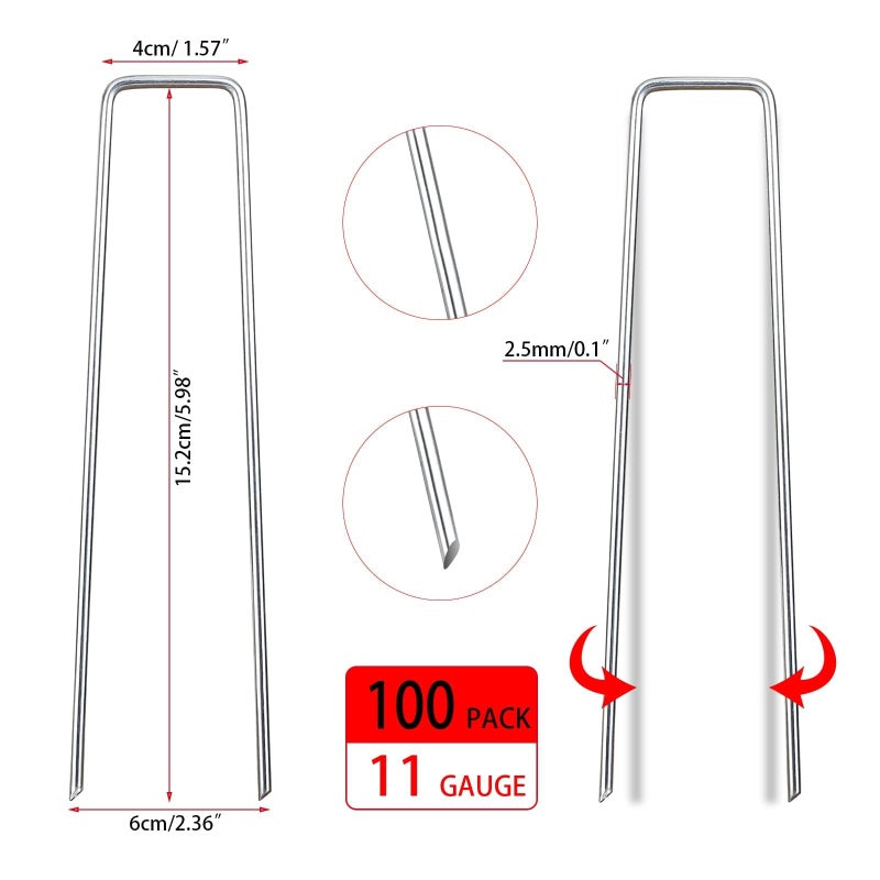 SuperMMarK 100 Pack Garden Landscape Staples, 6 Inch 11 Gauge Galvanized Garden Stakes Ground U Shaped Landscape Pins to Secure Lawn Fabrics Weed Barrier Covers Ground Cover and Landscaping - Image 5